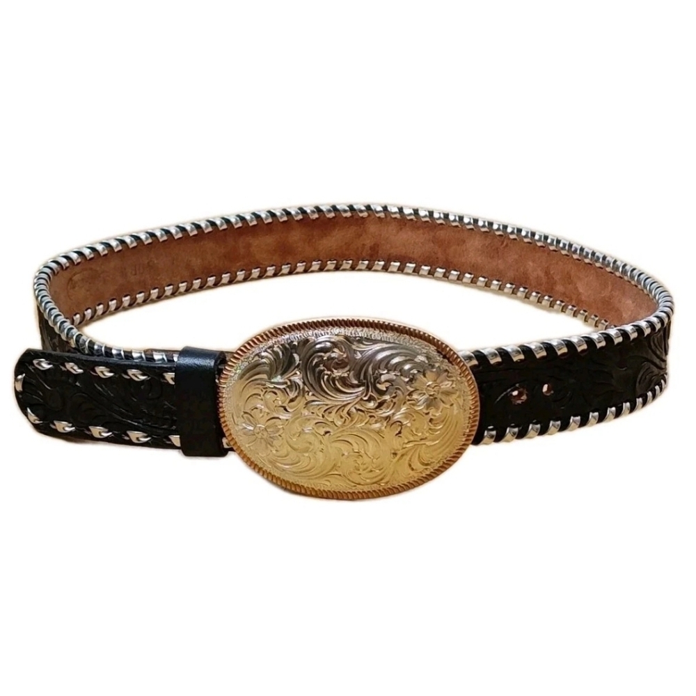 Montana Silversmith Sterling Silver Buckle Black Tooled Leather Belt Sz 30 W1.25
